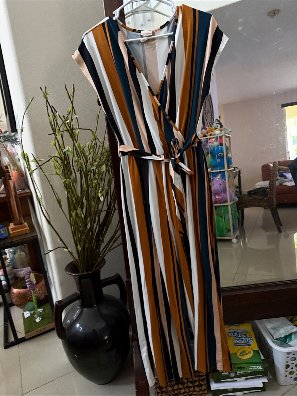 Caution To The Wind Striped Wrap Jumpsuit in White, Brown & Navy